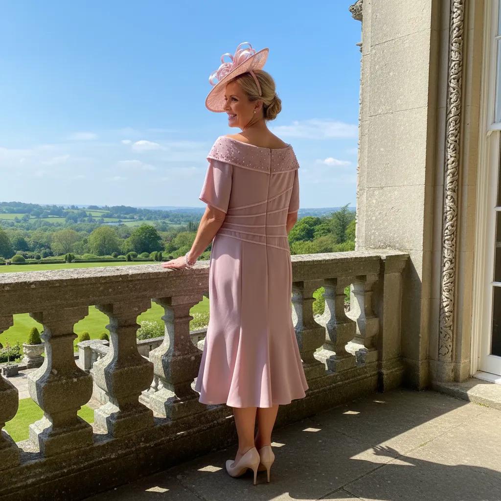 Woman in a irresistible veromia pink mother of the bride dress and matching embellished fascinator hat standing on a balcony with a scenic view.