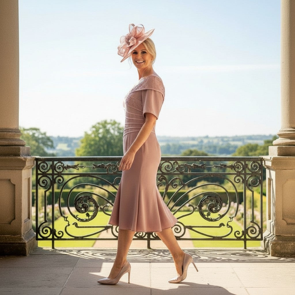 Woman in a pink irresistible veromia pink mother of the bride dress and embellished fascinator hat standing on a balcony with a scenic background