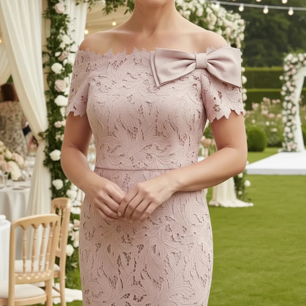 Woman wearing a blush pink mother of the bride lace dress with a large bow at an outdoor event.