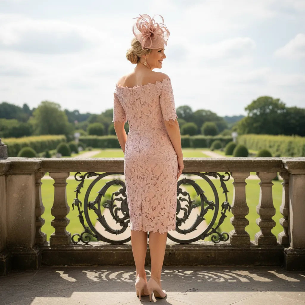 Woman in a blush pink mother of the bride lace dress and matching pink fascinator standing on a balcony with a scenic background