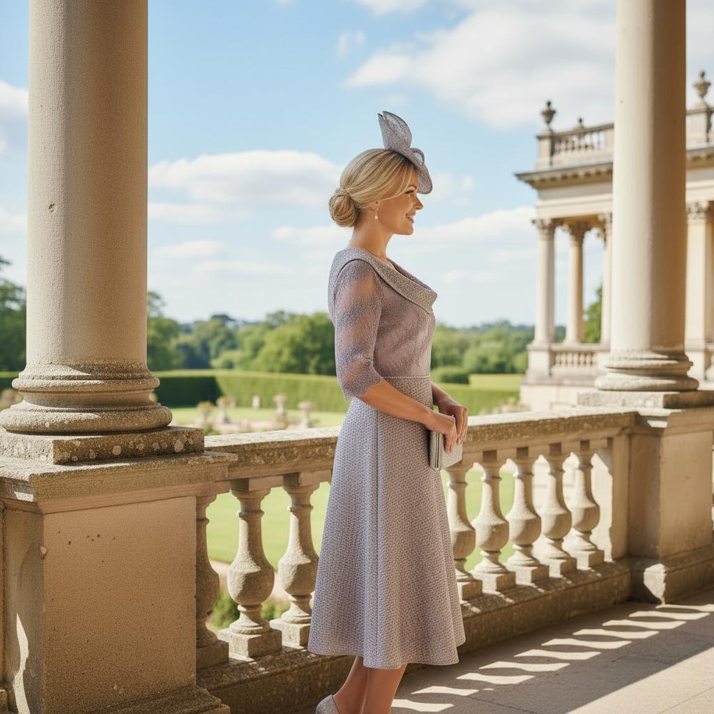 Woman wearing a Lizabella dusty pink mother of the bride dress. Signature Dress.