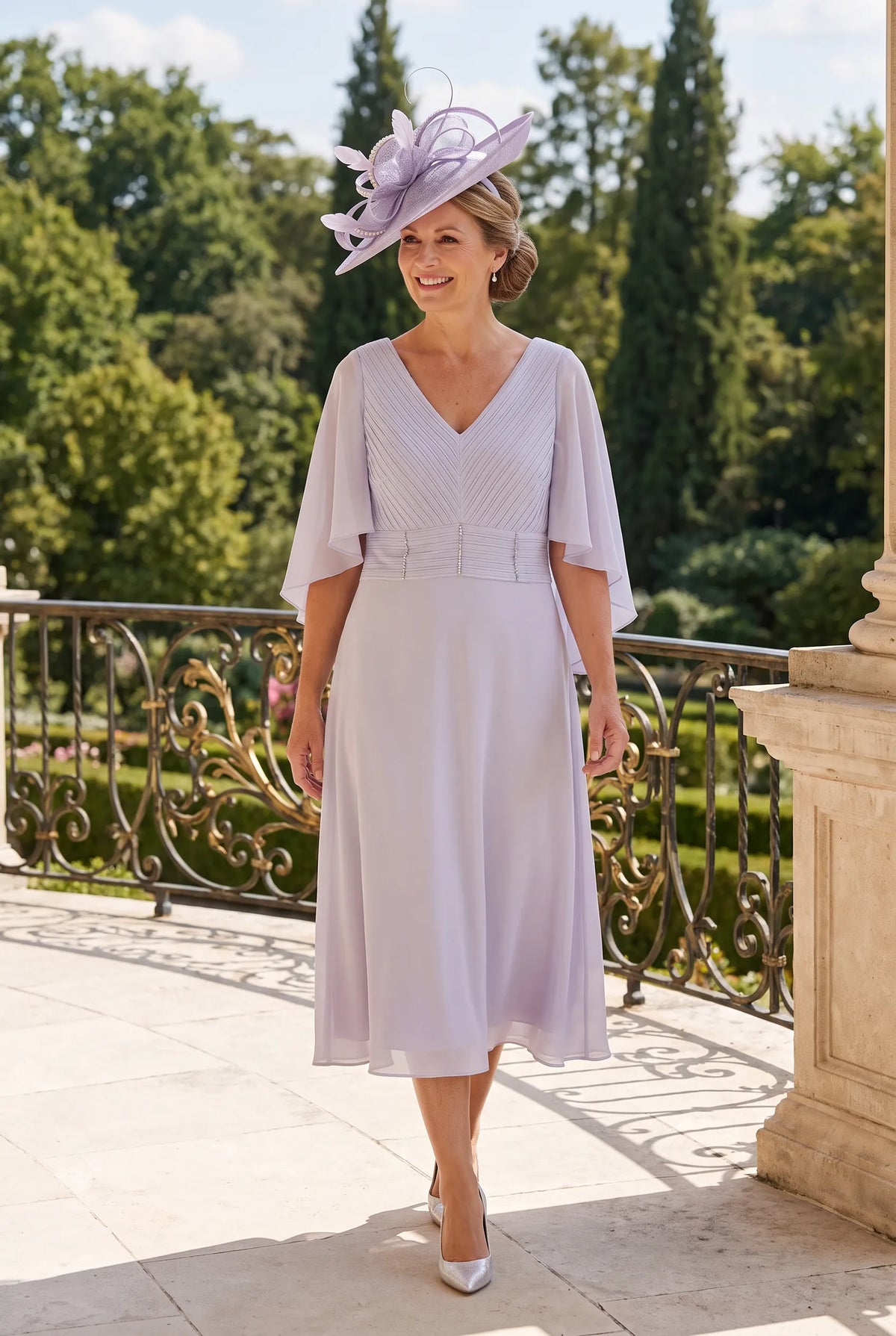 Dusty silver Mother of the Bride dress by Lizabella 2646 with V-neck, pleated bodice and chiffon cape sleeves