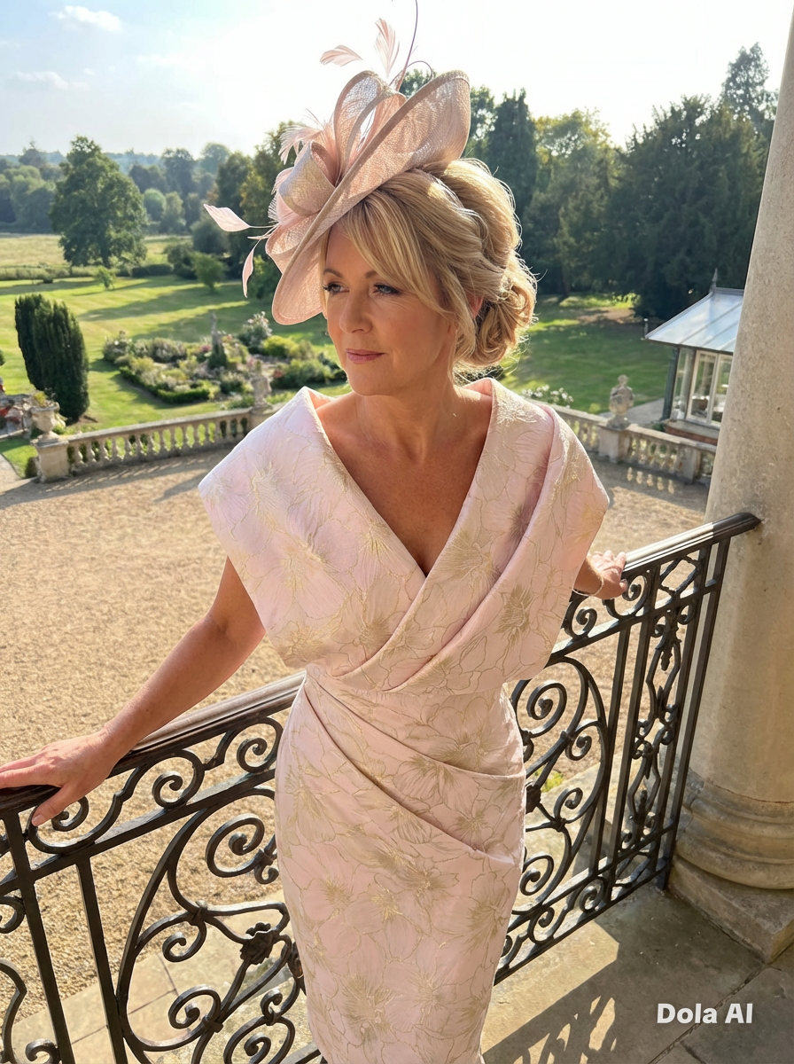 Close up view of a woman wearing a Gabriella Sanchez blush pink mother of the bride dress and matching blush pink fascinator stood on a balcony.