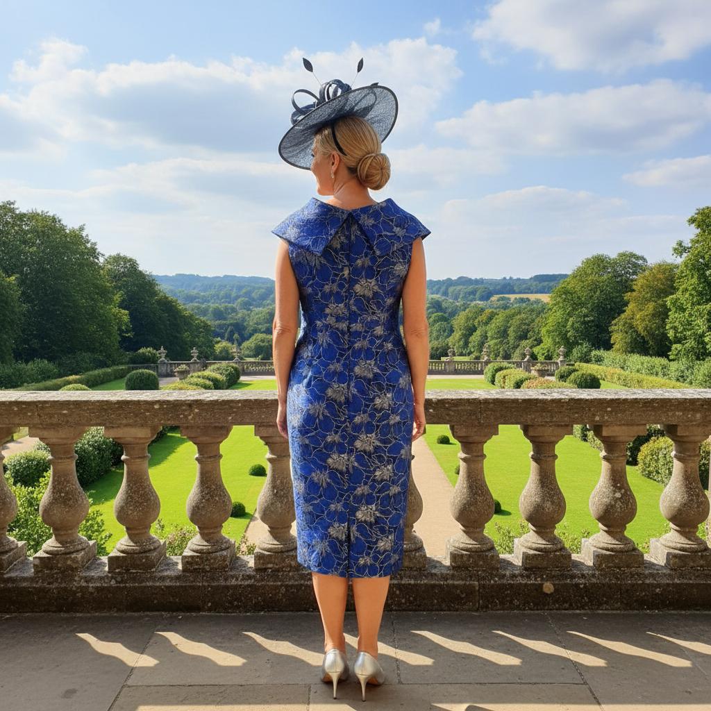Woman in a blue dress and hat standing on a stone balcony overlooking a garden.