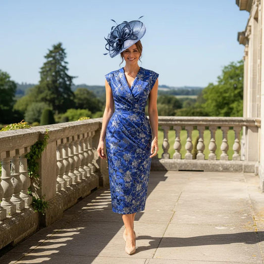 Woman in a blue dress with floral pattern standing on a balcony with a scenic background