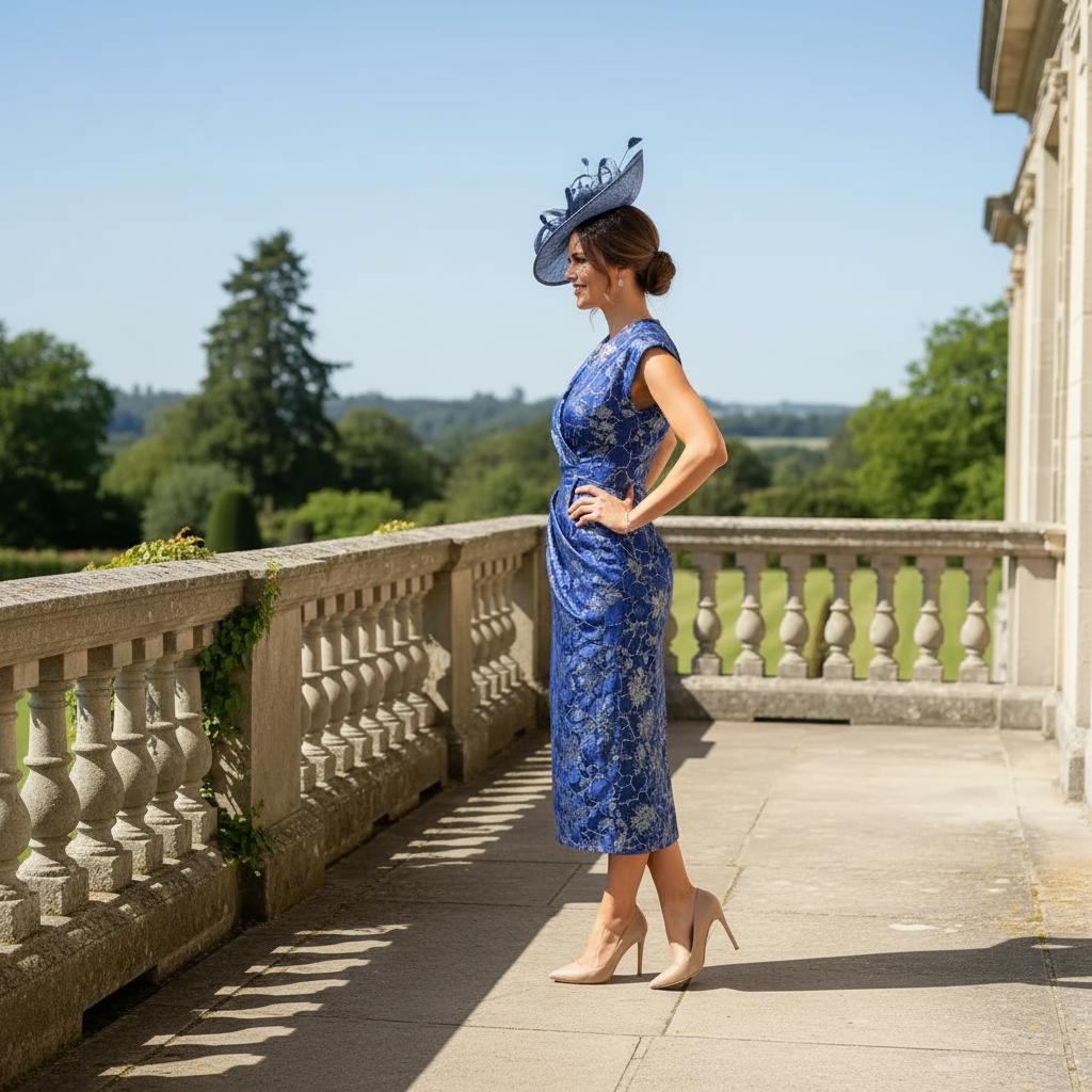 Woman in a blue dress and hat standing on a balcony with a scenic background