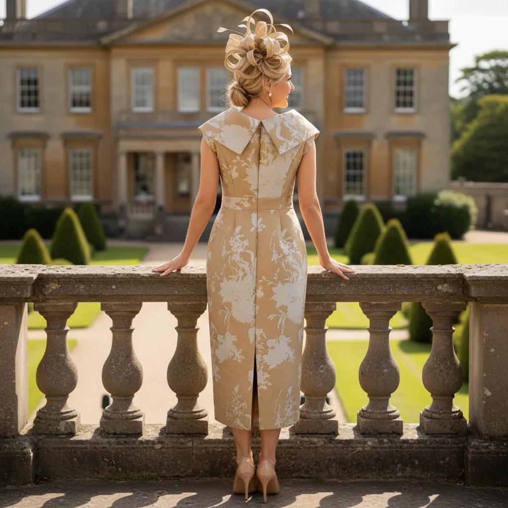 Woman in a floral dress standing on a stone railing with a large building in the background
