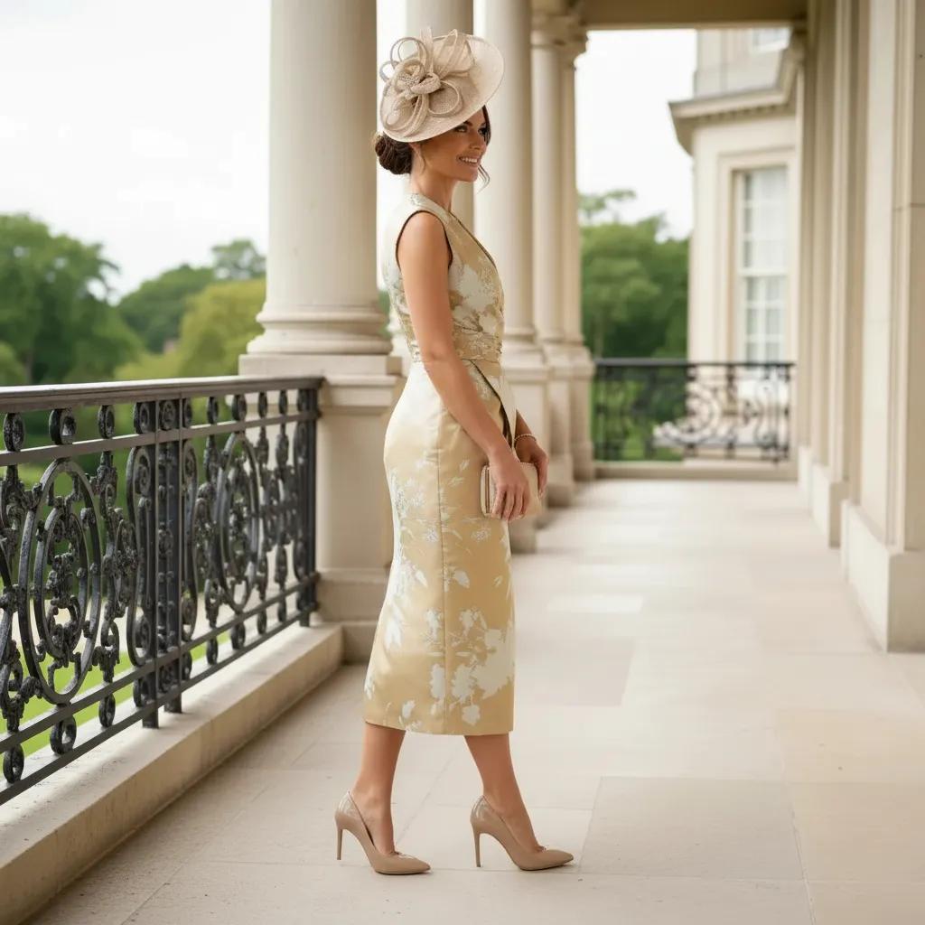 Woman in a stylish gabriella sanchez gold mother of the bride dress and matching champagne embellished fascinator hat standing on a balcony with classical architecture.