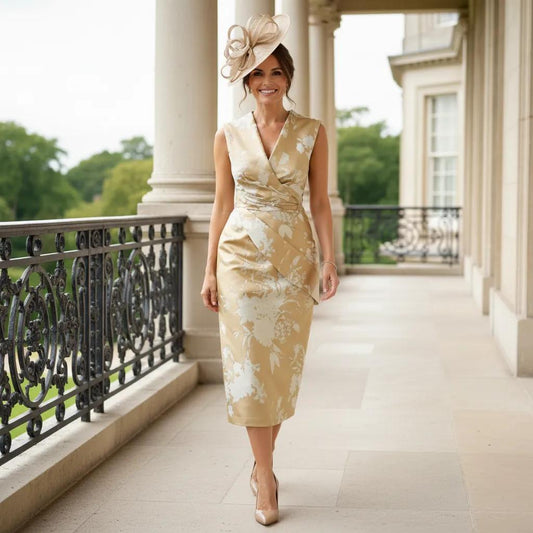 Woman in a gabriella sanchez gold mother of the bride dress with floral patterns standing on a balcony