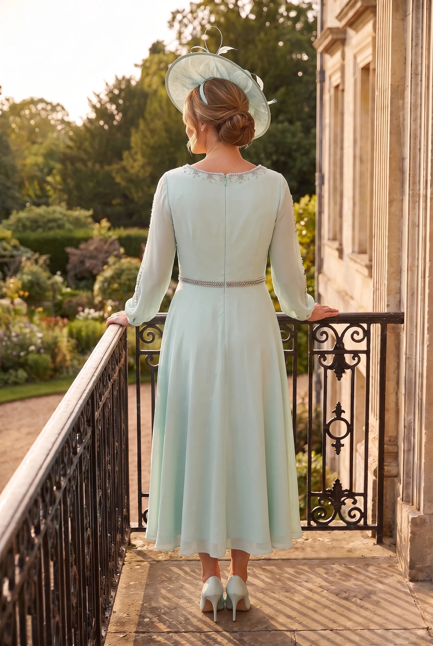 Rear view of the Green Mother of the Bride Dress by Rosa Clará Couture Club 7G1C8 showing the flowing skirt and elegant fit.