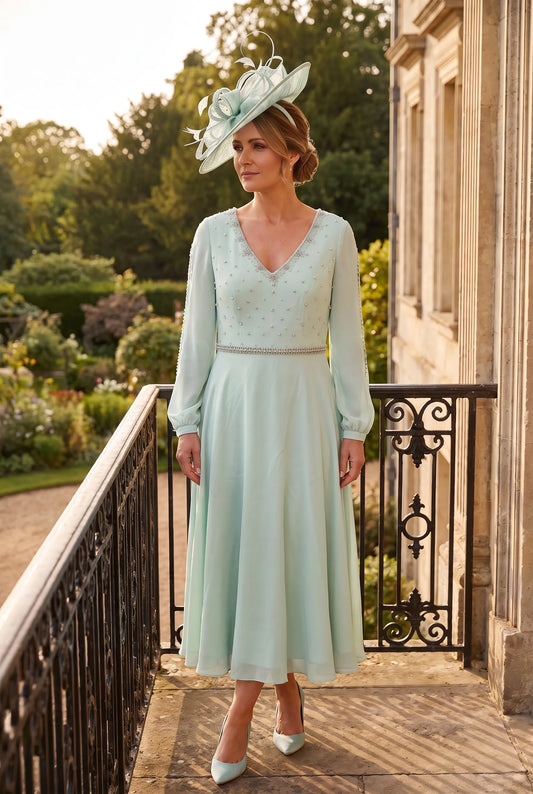 Green Mother of the Bride Dress by Rosa Clará Couture Club 7G1C8 in soft willow green featuring pearl embellishments and an elegant V-neckline.