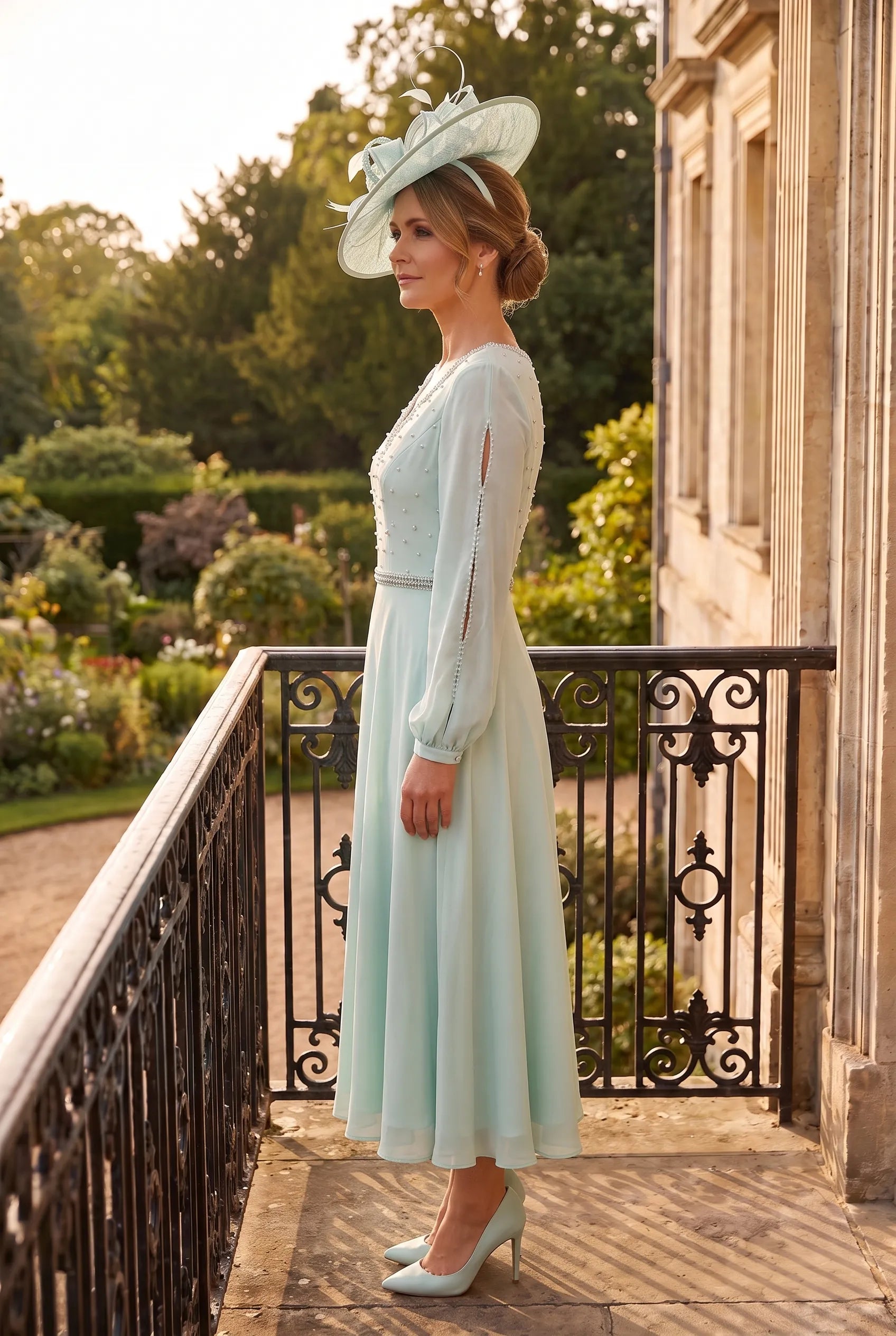 Green Mother of the Bride Dress by Rosa Clará Couture Club 7G1C8 in soft willow green featuring elegant open split sleeves and a flattering A-line silhouette.