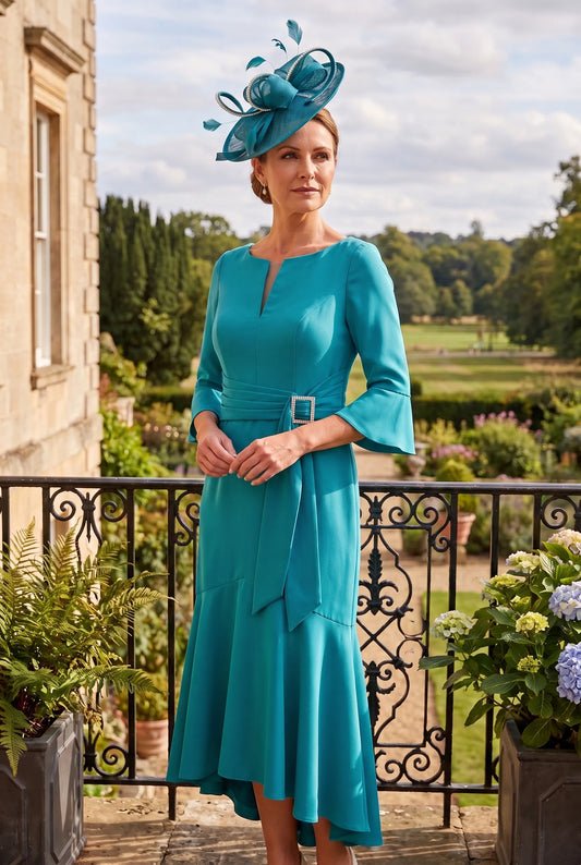 Green Mother of the Bride Dress by Veromia VO9696 featuring a V-notch neckline, crystal buckle waist and elegant fishtail hem.