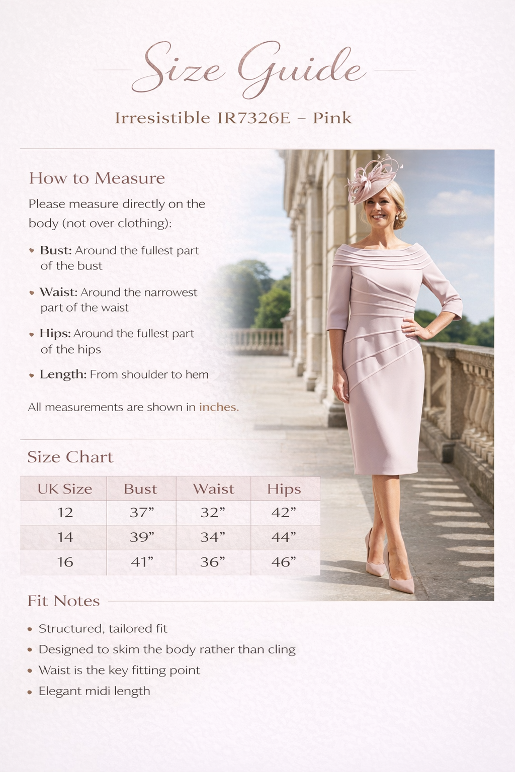 Size guide for a irresistible ir7326 pink mother of the bride dress with measurement instructions and a model wearing the dress.