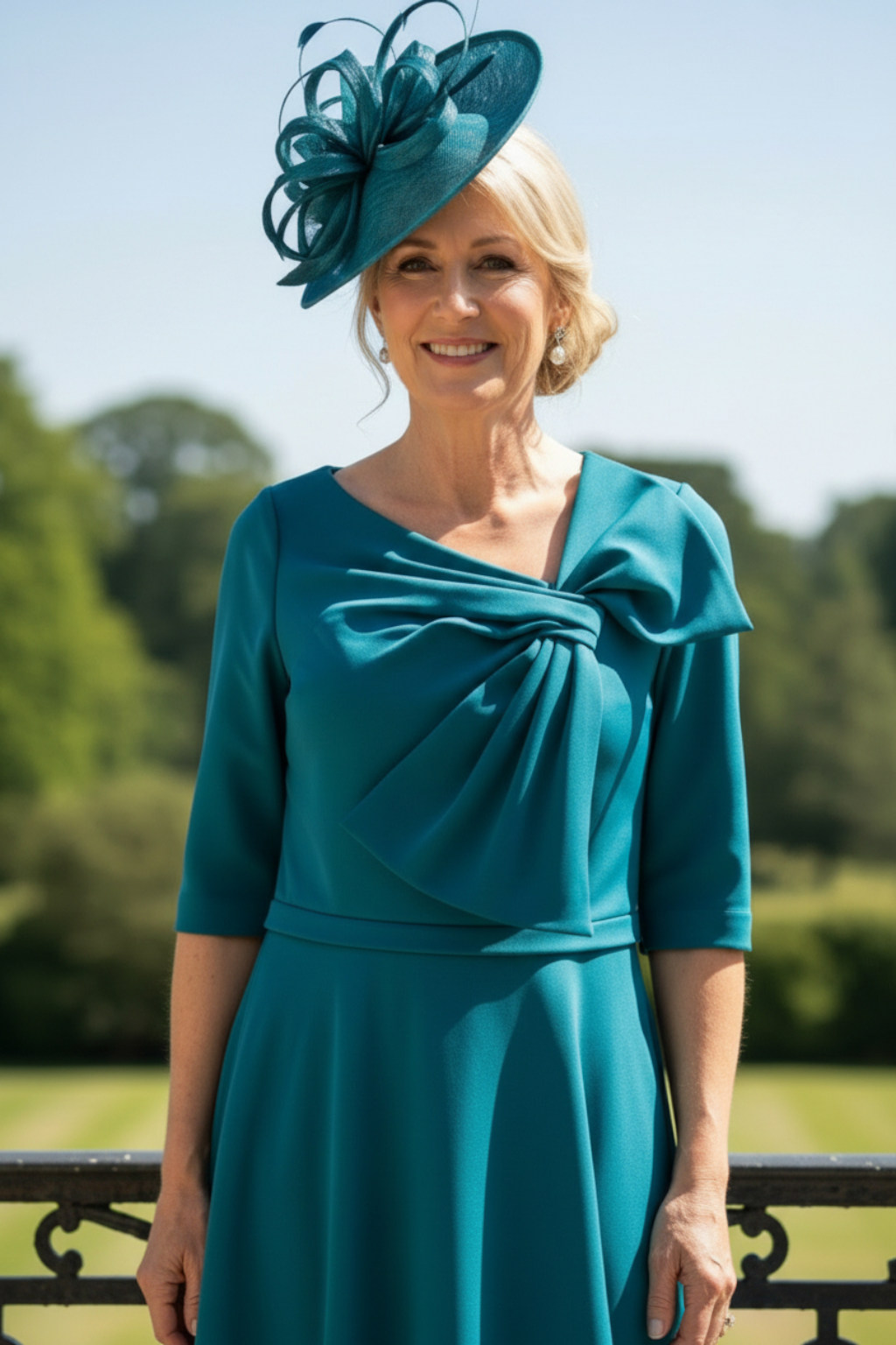 Ispirato ISL805 green Mother of the Bride dress photographed on a terrace, showing the flowing skirt, defined waistline and matching fascinator in natural daylight.