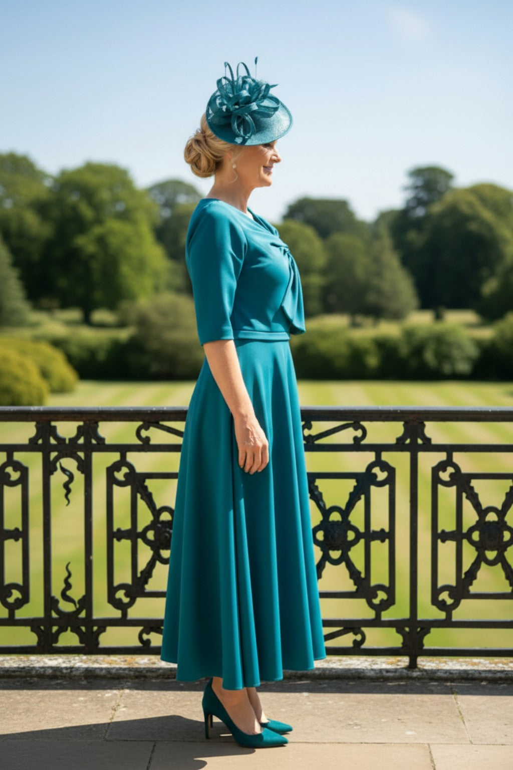 Ispirato ISL805 green Mother of the Bride dress with matching hat, shown on a terrace with garden backdrop, highlighting the feminine silhouette and statement bow.