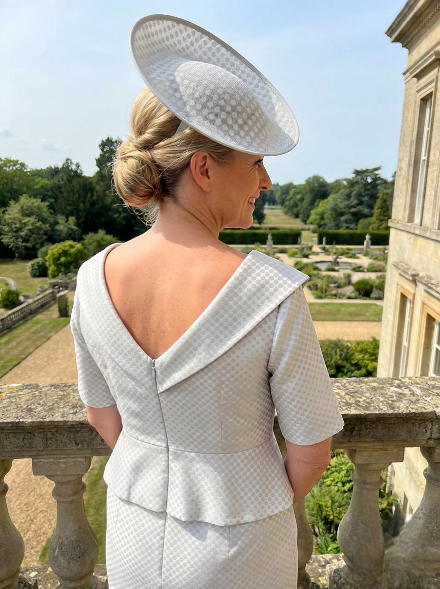 Woman wearing a silver ispirato dress with a large hat, standing on a balcony with a garden and building in the background.