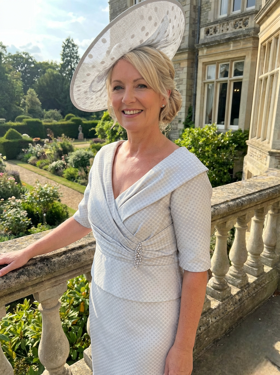 Woman in a light blue ispirato dress and white hat standing in a garden with a building in the background