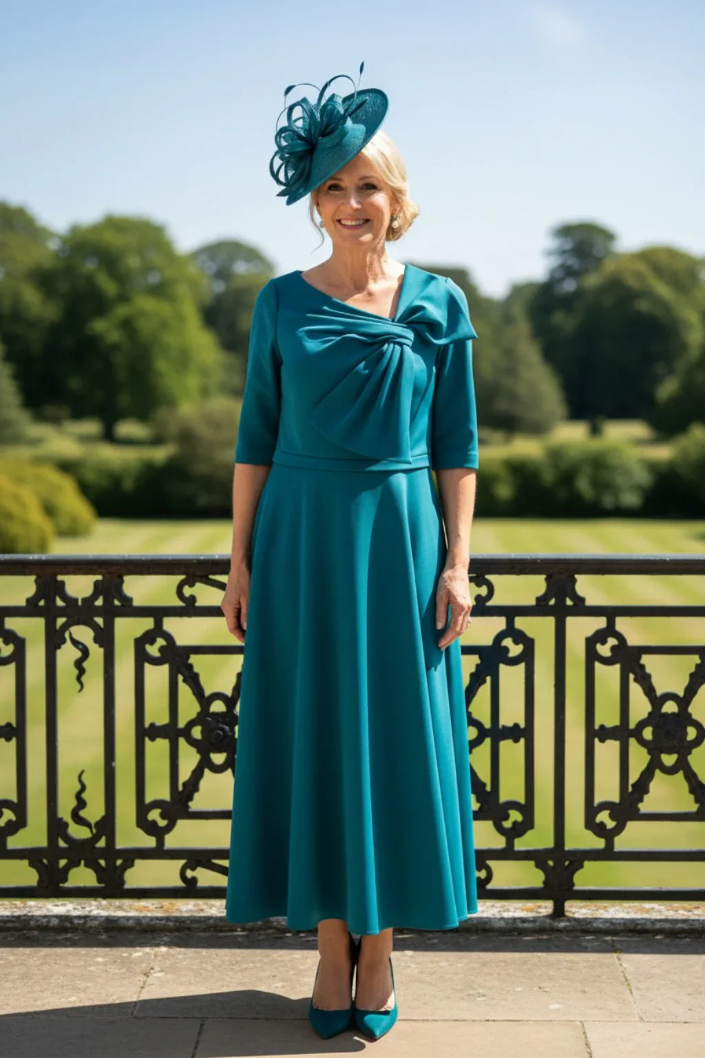 Ispirato ISL805 green Mother of the Bride dress with draped neckline, statement bow detail, flowing midi skirt and three-quarter sleeves.