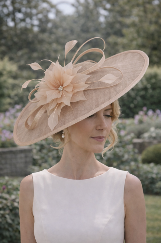 Woman wearing a large beige fascinator wedding hat with floral details in an outdoor setting