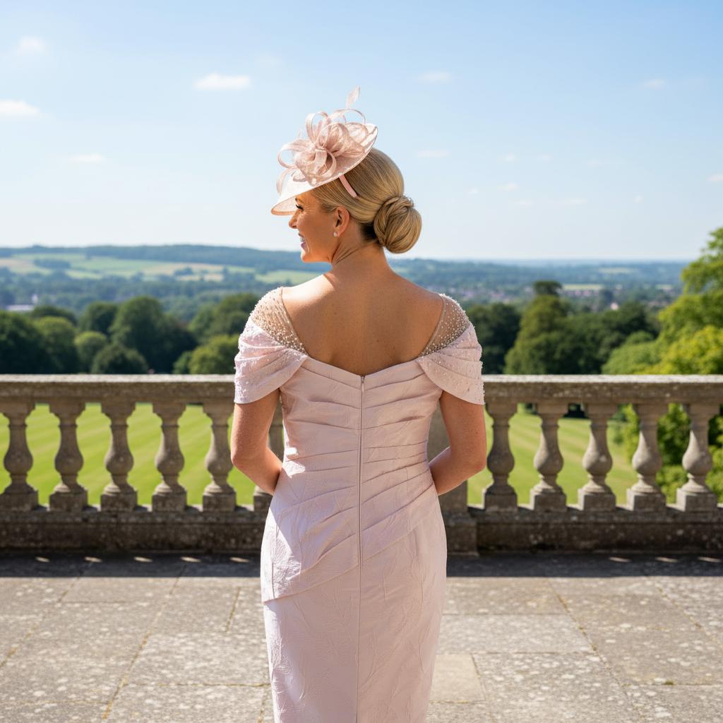 John Charles 29002 fitted pink dress with mesh cap sleeves and floral texture, worn outdoors with silver accessories.