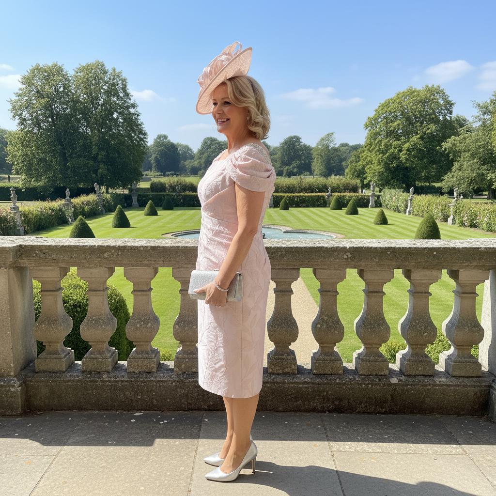 Elegant pink midi dress by John Charles with ruched waist and embellished illusion sleeves, styled with a matching fascinator.