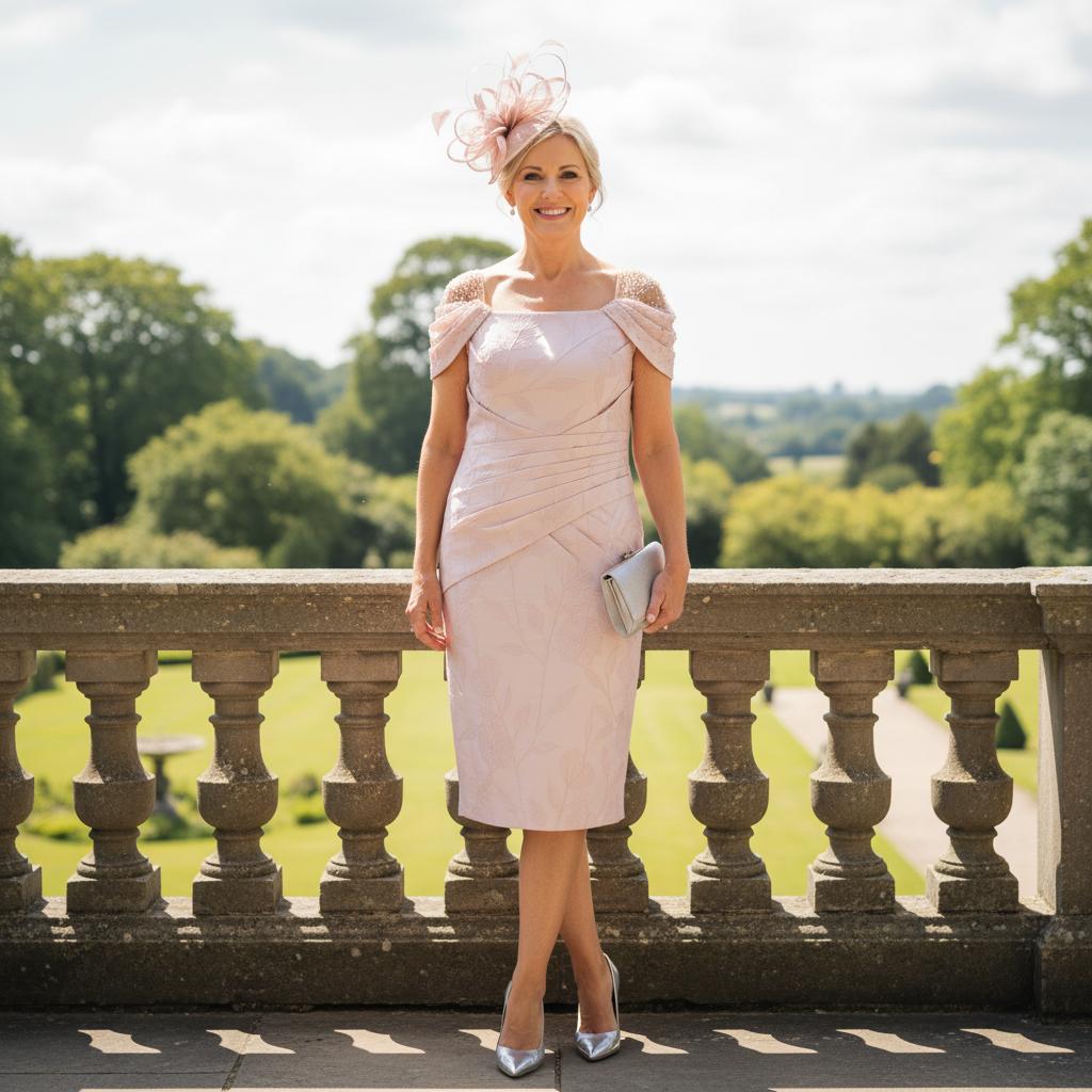 Elegant John Charles 29002 pink jacquard Mother of the Bride dress with mesh shoulder detail, photographed on a stone terrace overlooking formal gardens.