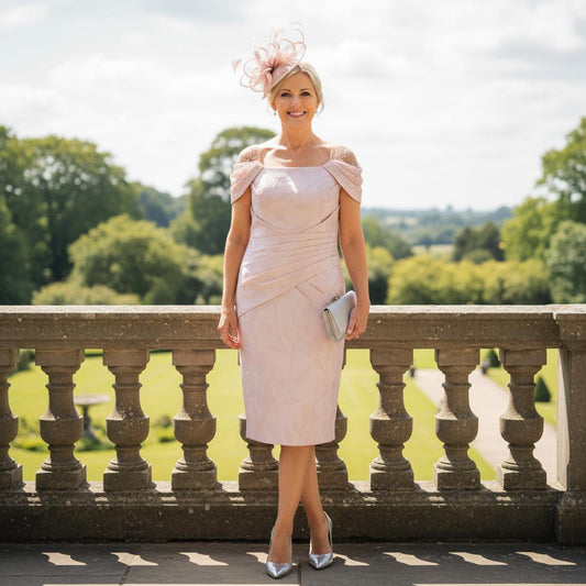 Elegant John Charles 29002 pink jacquard Mother of the Bride dress with mesh shoulder detail, photographed on a stone terrace overlooking formal gardens.