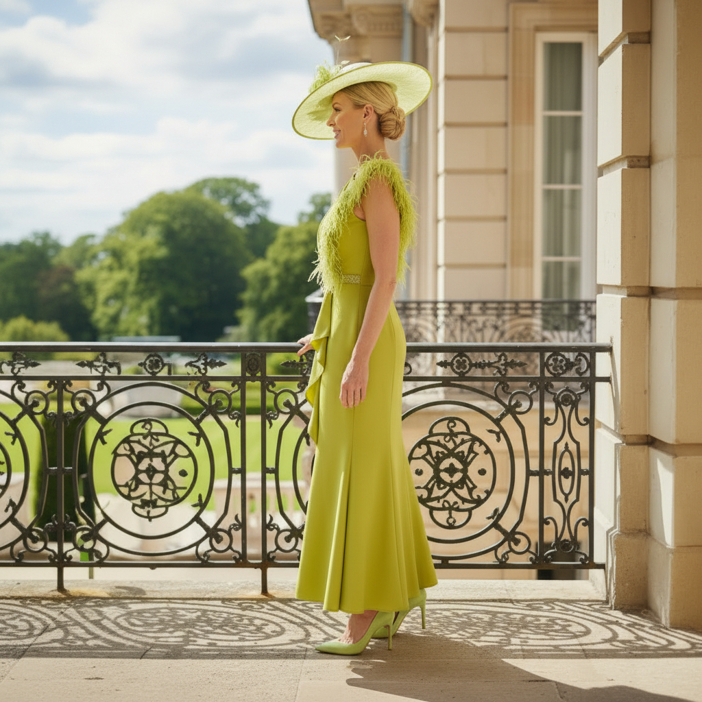 full Side angle of the John Charles 29134 lime dress showing crepe fabric, feather detail and beaded waistline