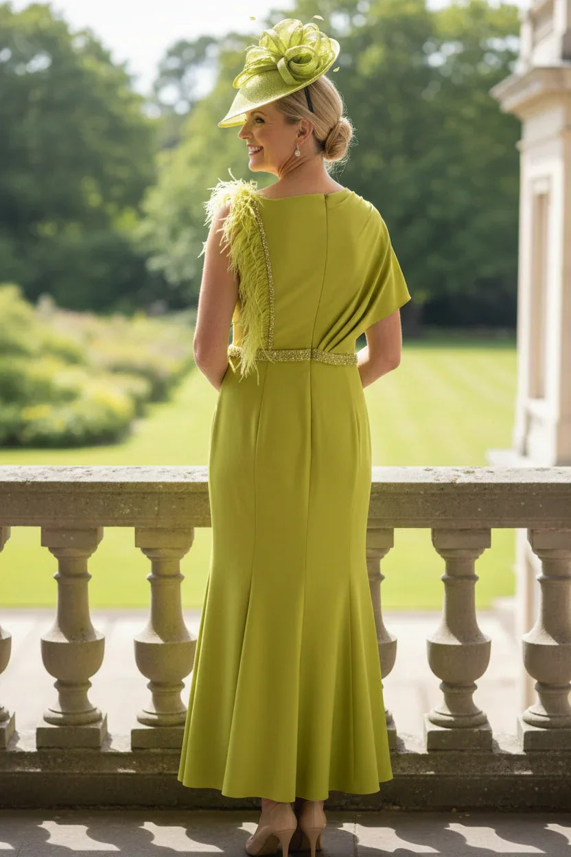 Back view of the John Charles 29134 lime mother of the bride dress showing structured fit and back split.