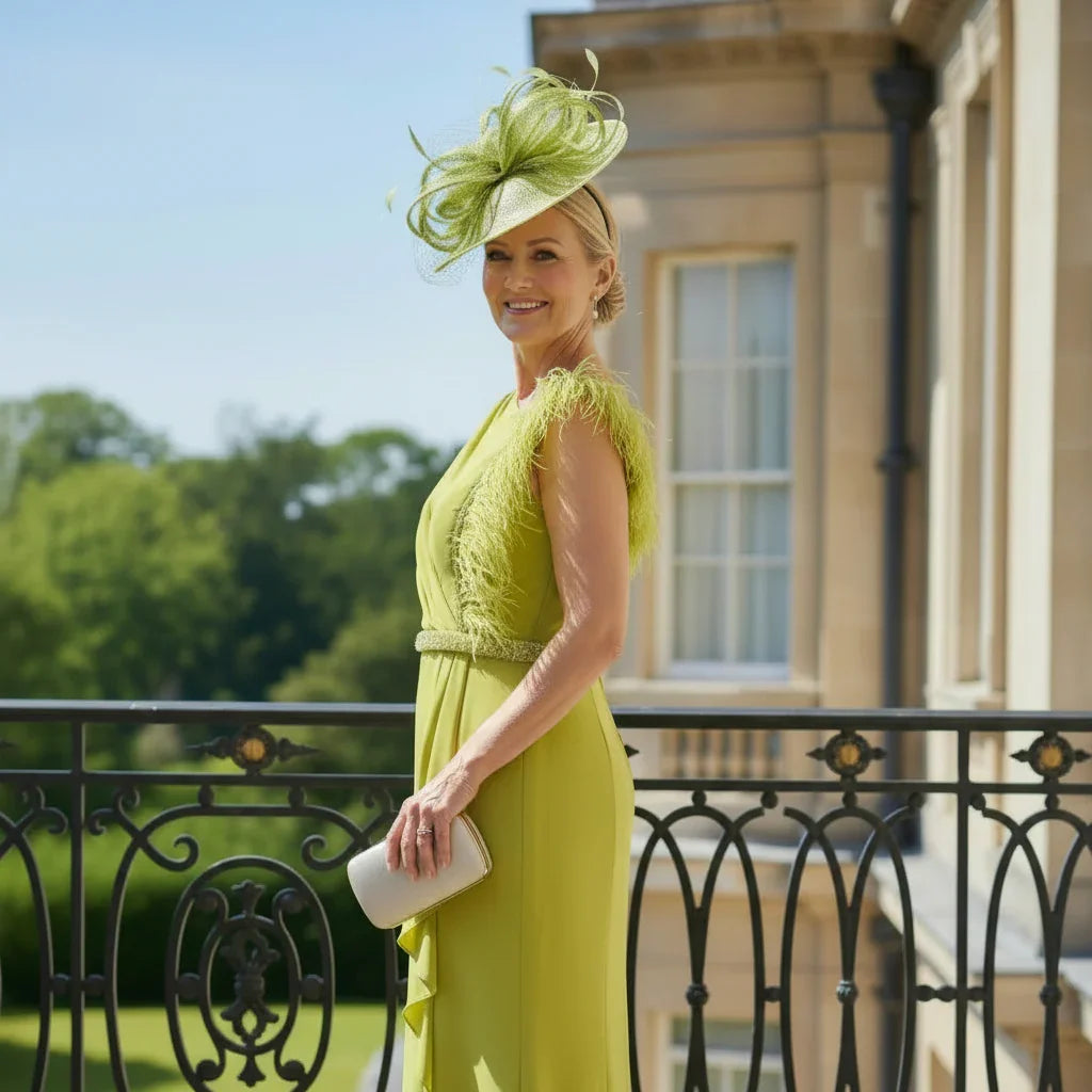 Side angle of the John Charles 29134 lime dress showing crepe fabric, feather detail and beaded waistline.