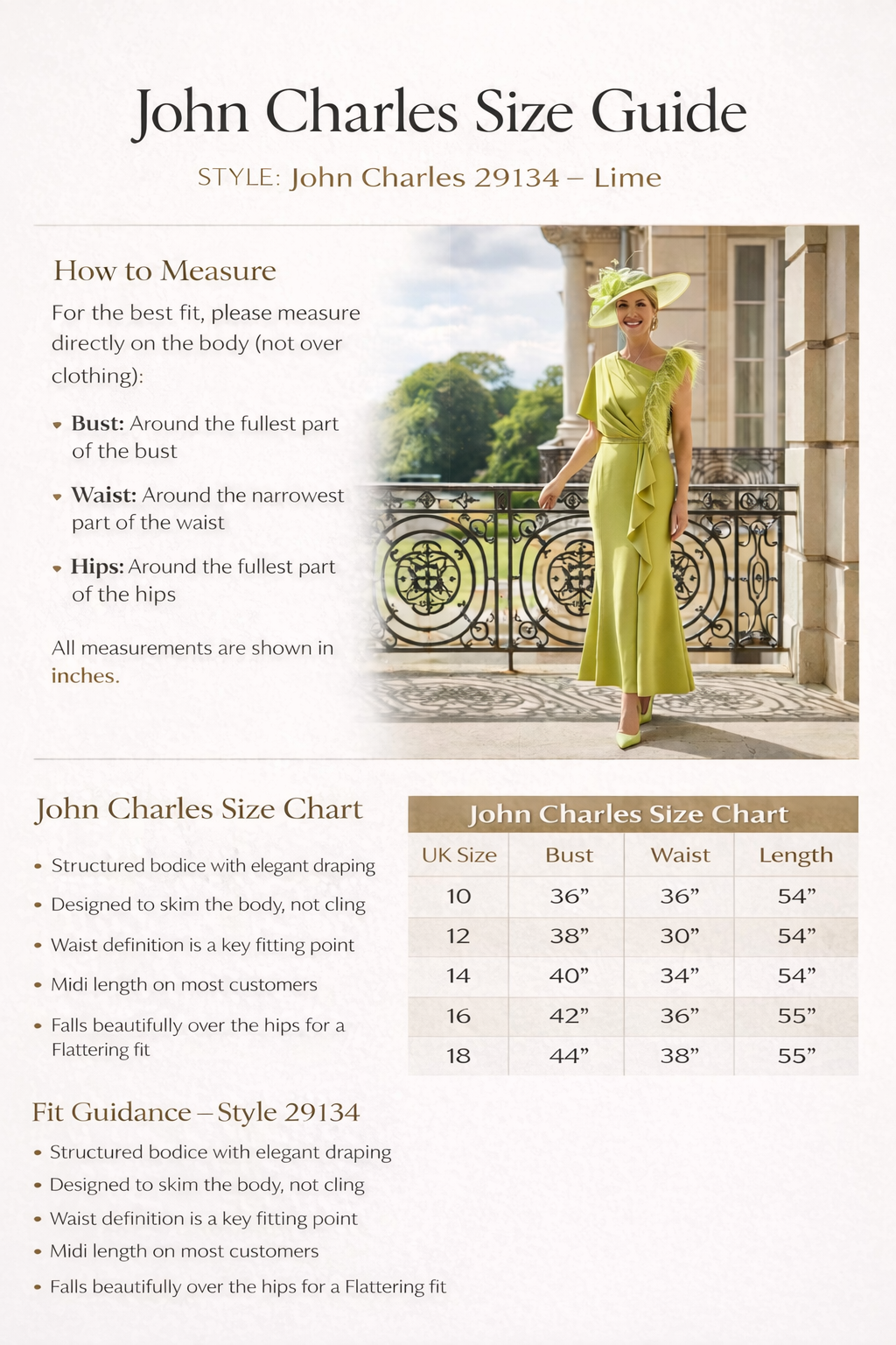 John Charles 29134 size guide with a model wearing a lime green dress on a balcony.