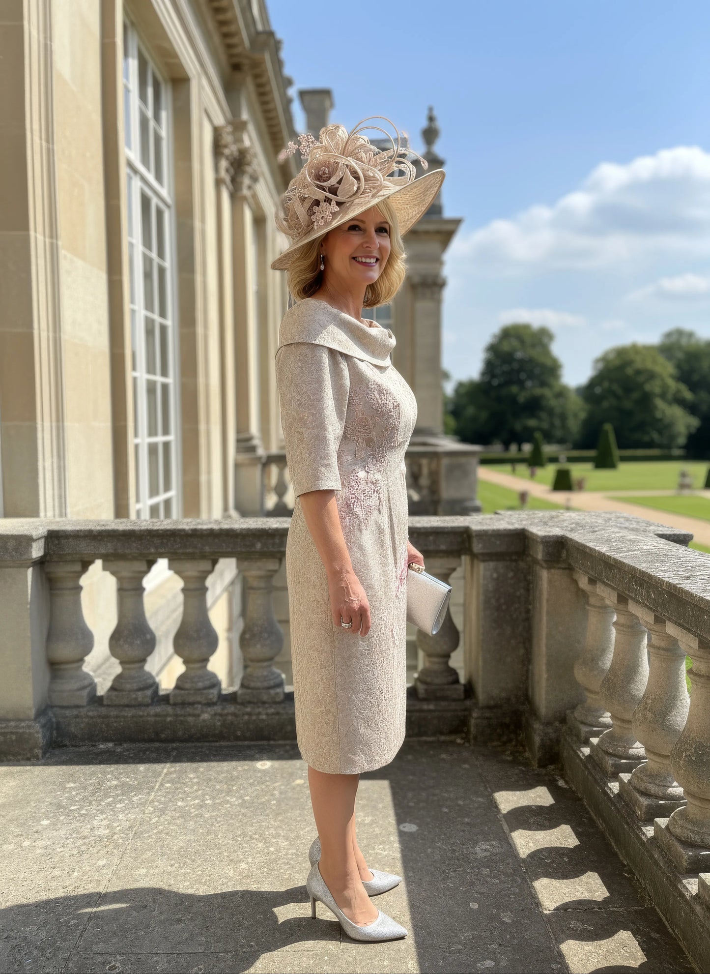 Woman wearing a beige john charles embroidered dress as mother of the bride - signature dress.