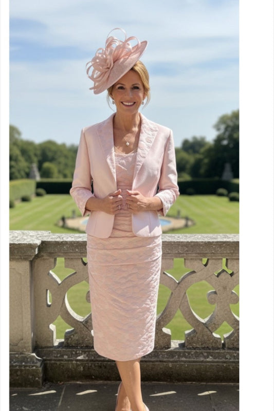 Woman in a light pink mother of the bride outfit with a matching pink fascinator hat standing outdoors.