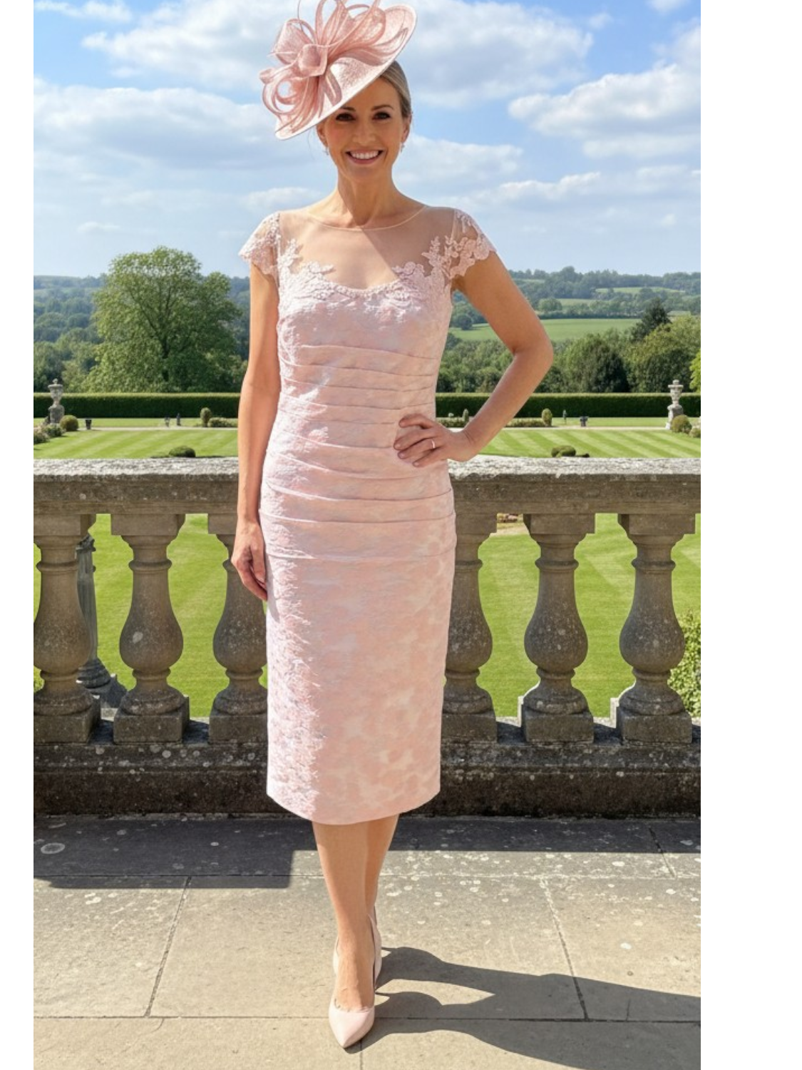 Woman in a light pink mother of the bride outfit with a matching pink fascinator hat standing outdoors.