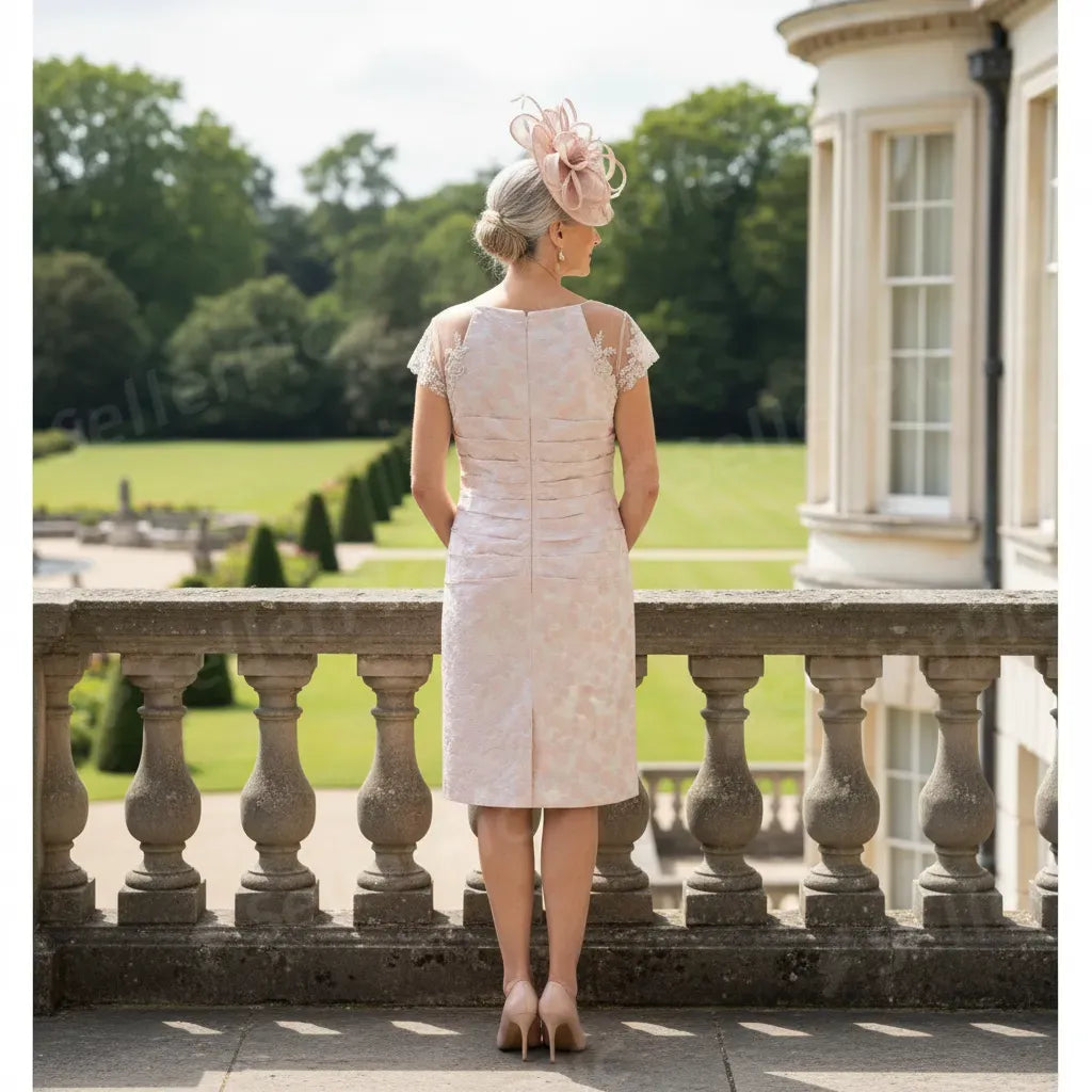 Woman in a light pink mother of the bride outfit with a matching pink fascinator hat standing on a stone balcony with greenery in the background