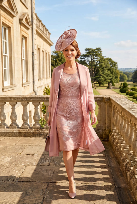 Woman in a pink mother of the bride dress and coat standing on a stone pathway with a building and trees in the background.