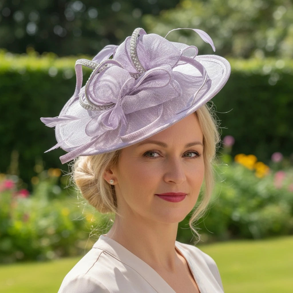 Woman wearing a decorative purple lavender fascinator embellished hat in a garden setting