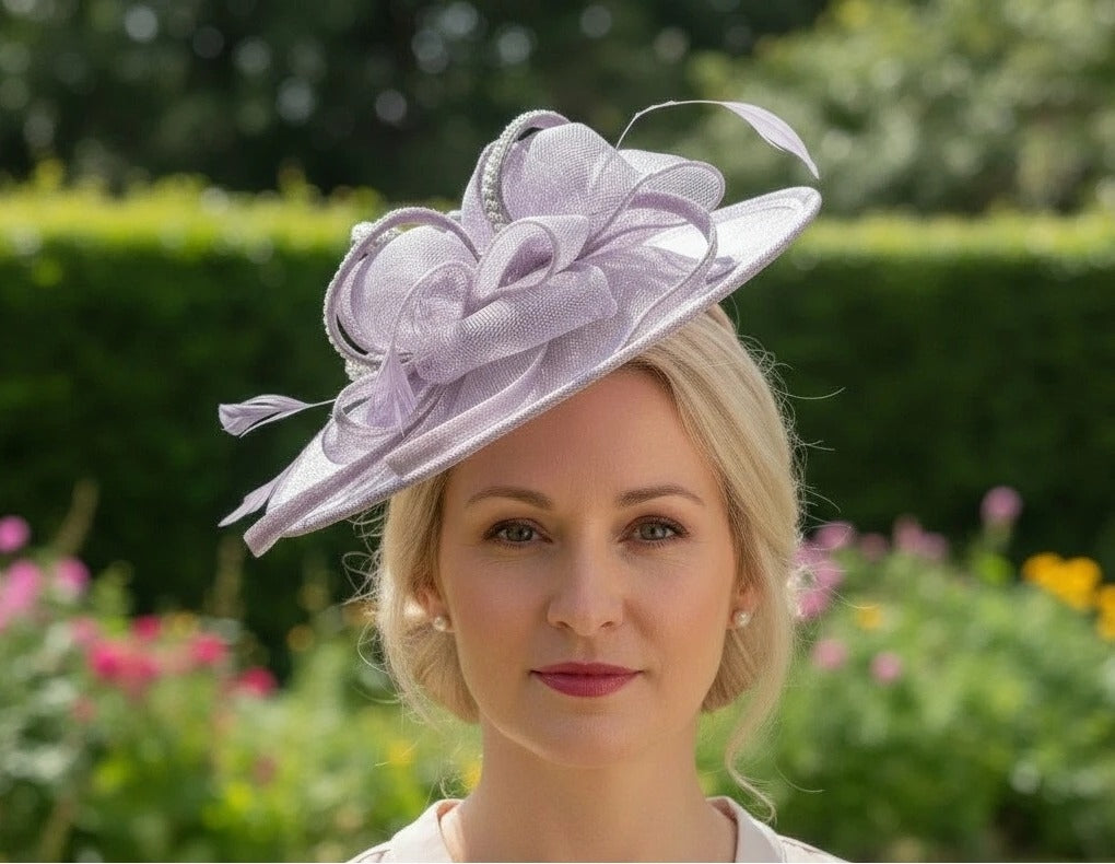 Woman wearing a light purple lavender fascinator embellished  hat with flowers, standing outdoors with greenery and flowers in the background.