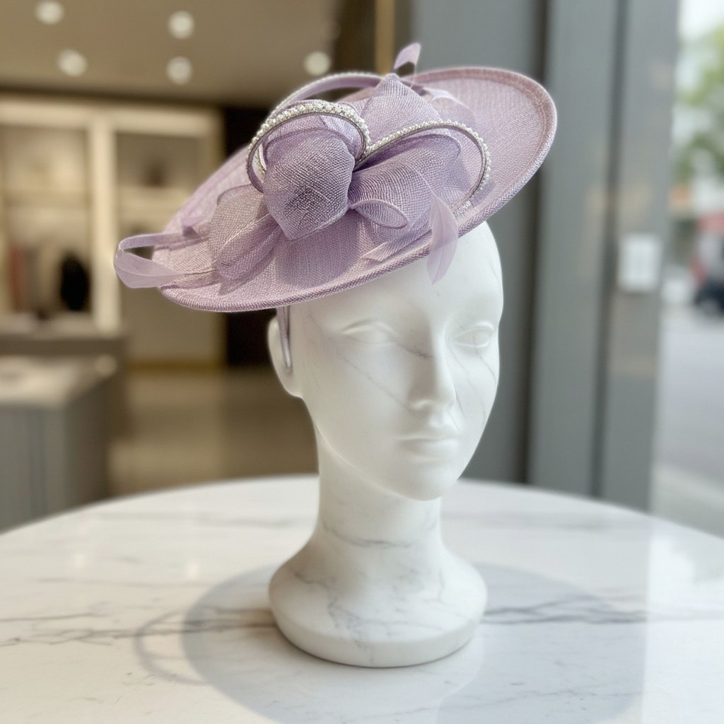 Lavender fascinator embellished hat on a mannequin head with a blurred indoor background