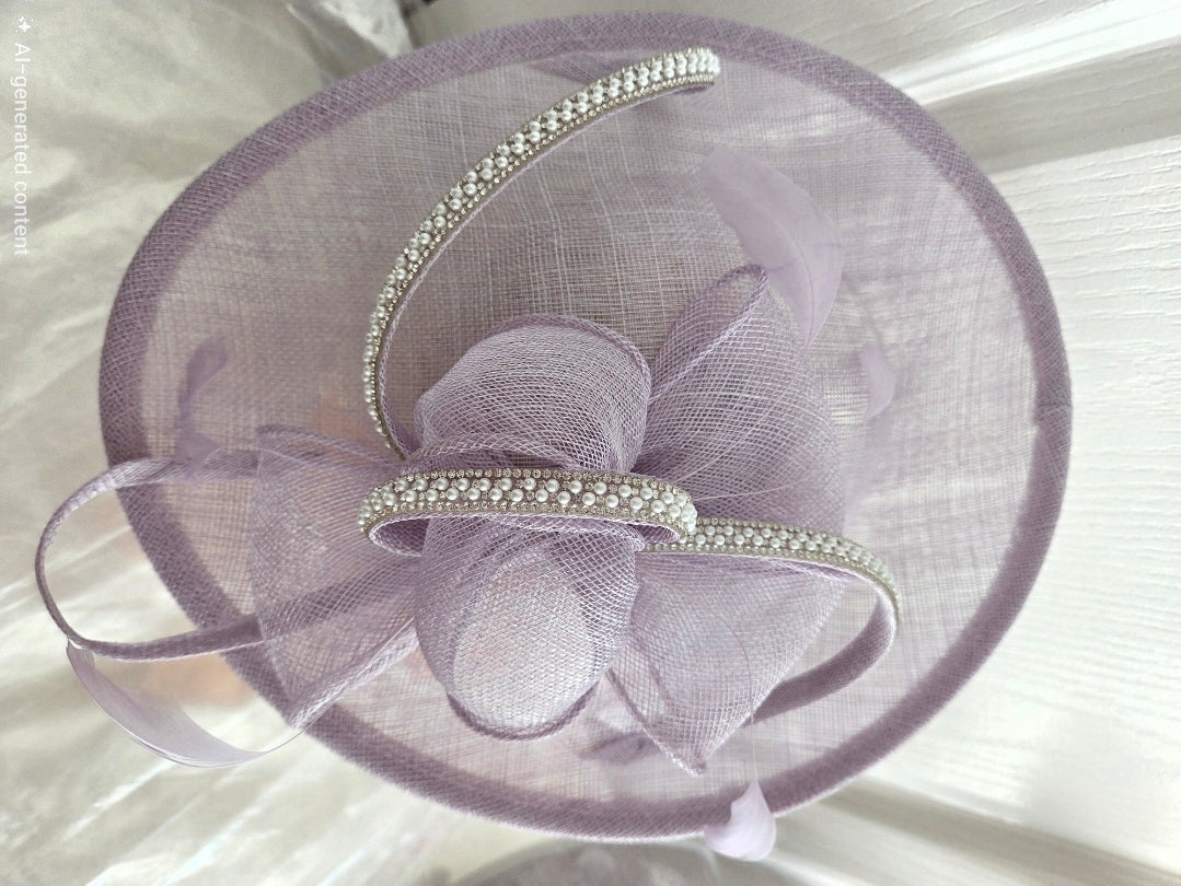 Lavender fascinator embellished with decorative elements on a white background