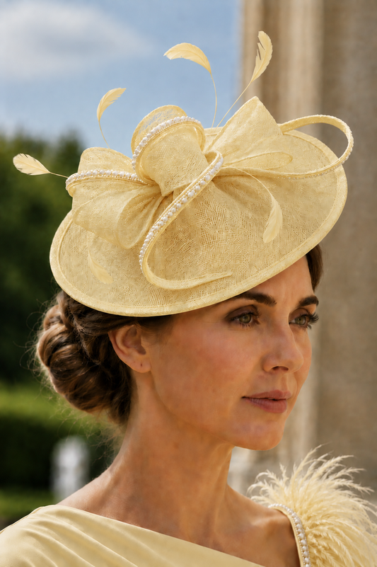 Woman wearing a Mother of the Bride lemon fascinator embellished hat with feathers, rhinestones and pearls
