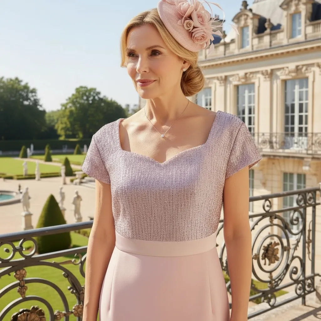 A blush mother of the bride outfit featuring a fitted dress with cap sleeves and a shimmering sweetheart neckline, paired with a matching fascinator and heels. Photographed on a stone terrace overlooking a scenic garden and countryside.