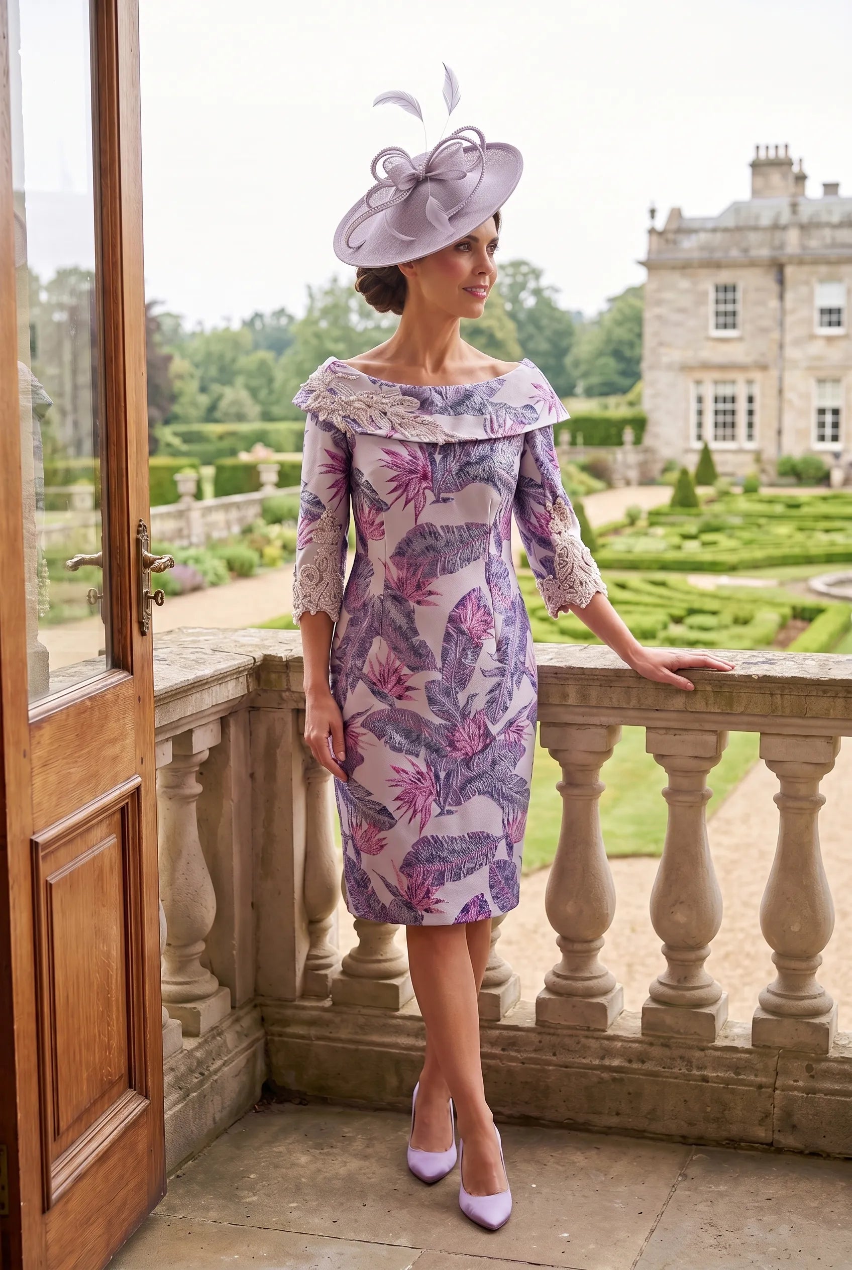 Lilac Mother of the Bride Dress Lizabella 2628 front view with embossed floral print.