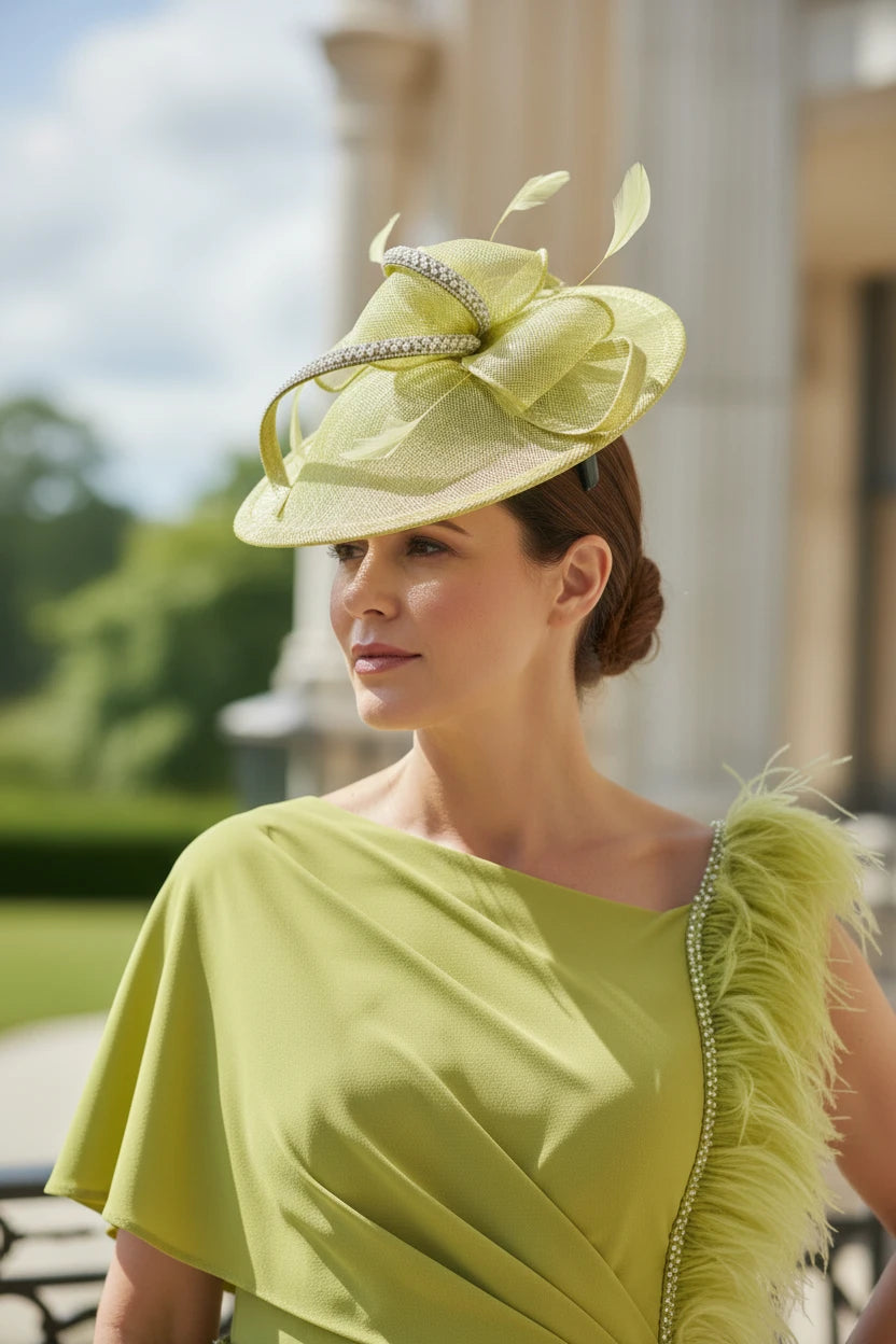 Woman wearing a bright green dress and matching fascinator embellished hat outdoors
