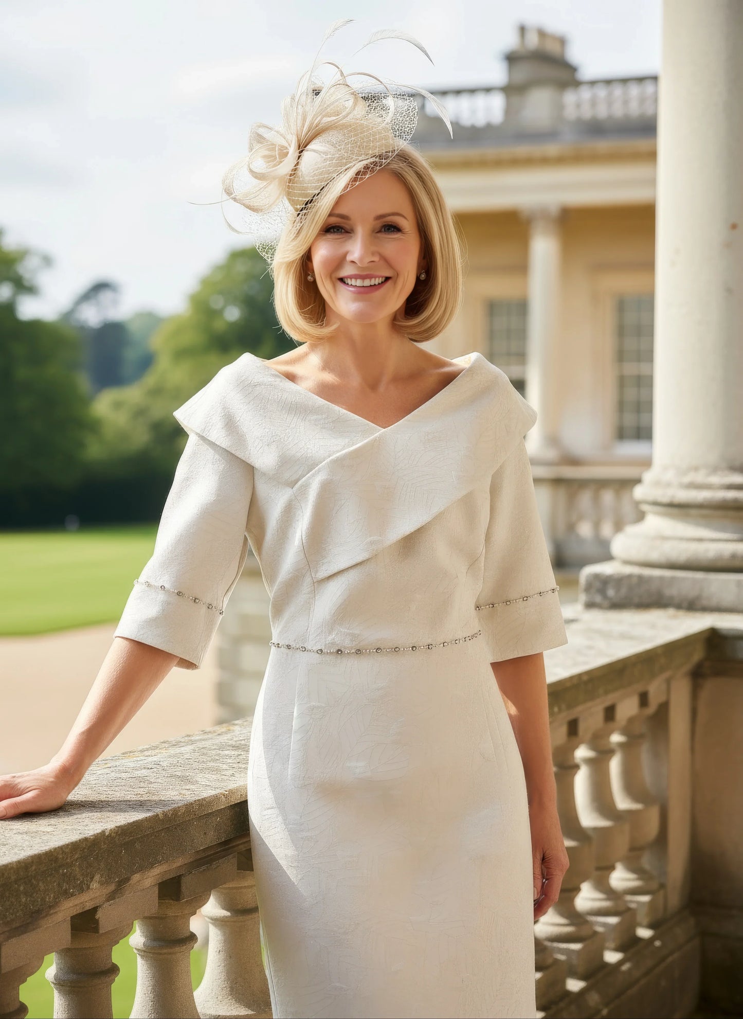 Woman in a lizabella cream mother of the bride dress with a floral headpiece standing outdoors with a scenic background