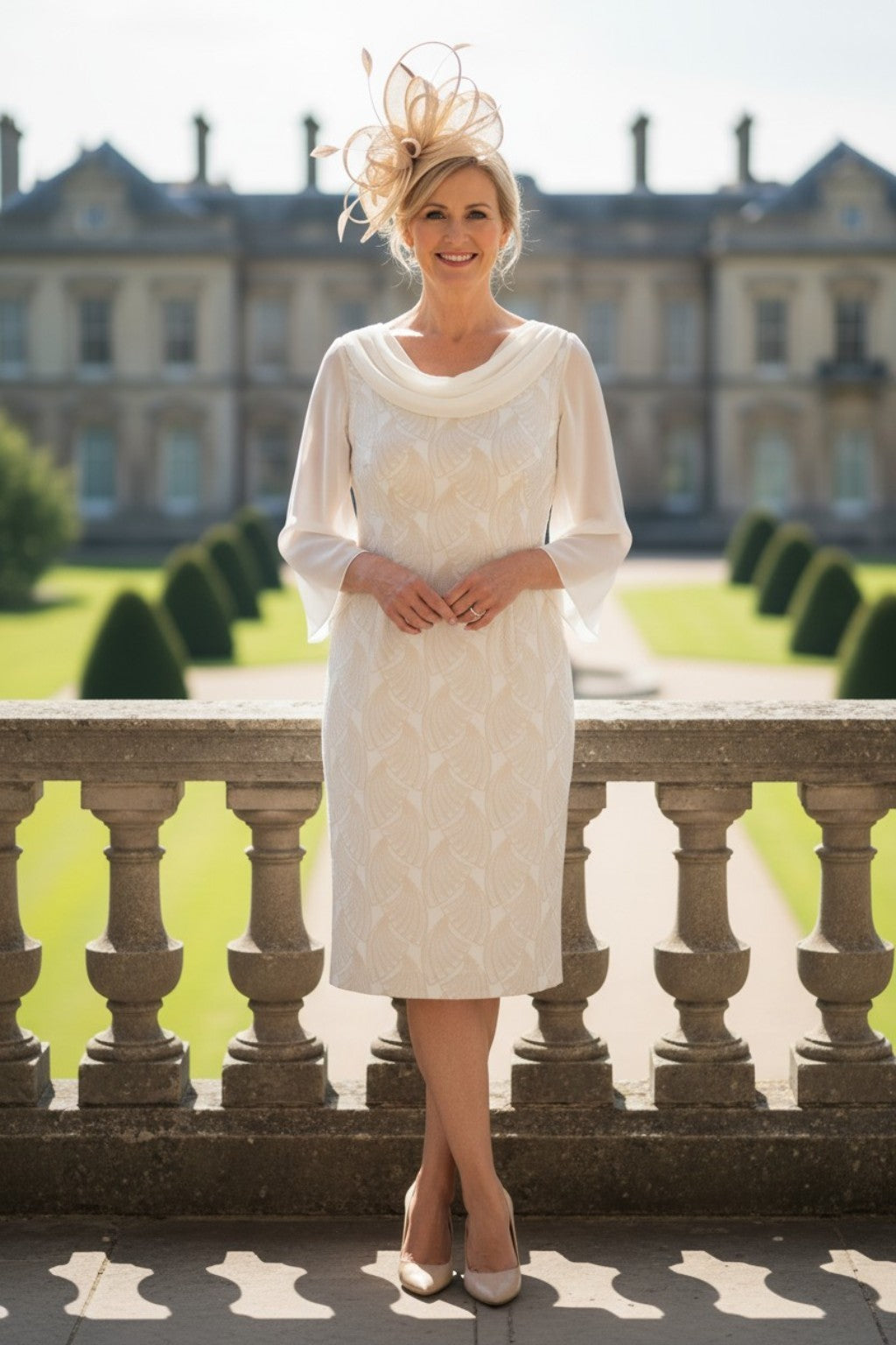 Woman in a champagne mother of the bride dress standing in front of a large building with a garden.