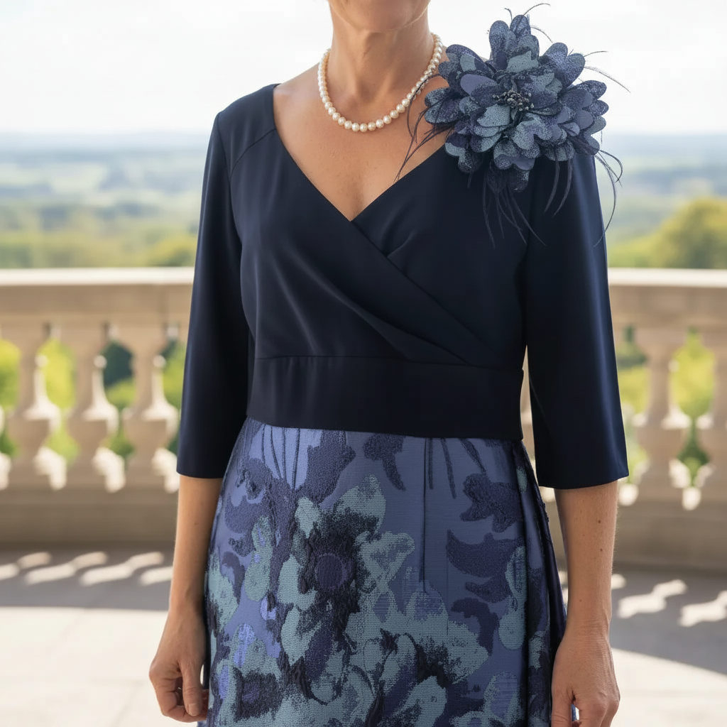 Woman wearing a navy blue mother of the bride dress with floral details outdoors
