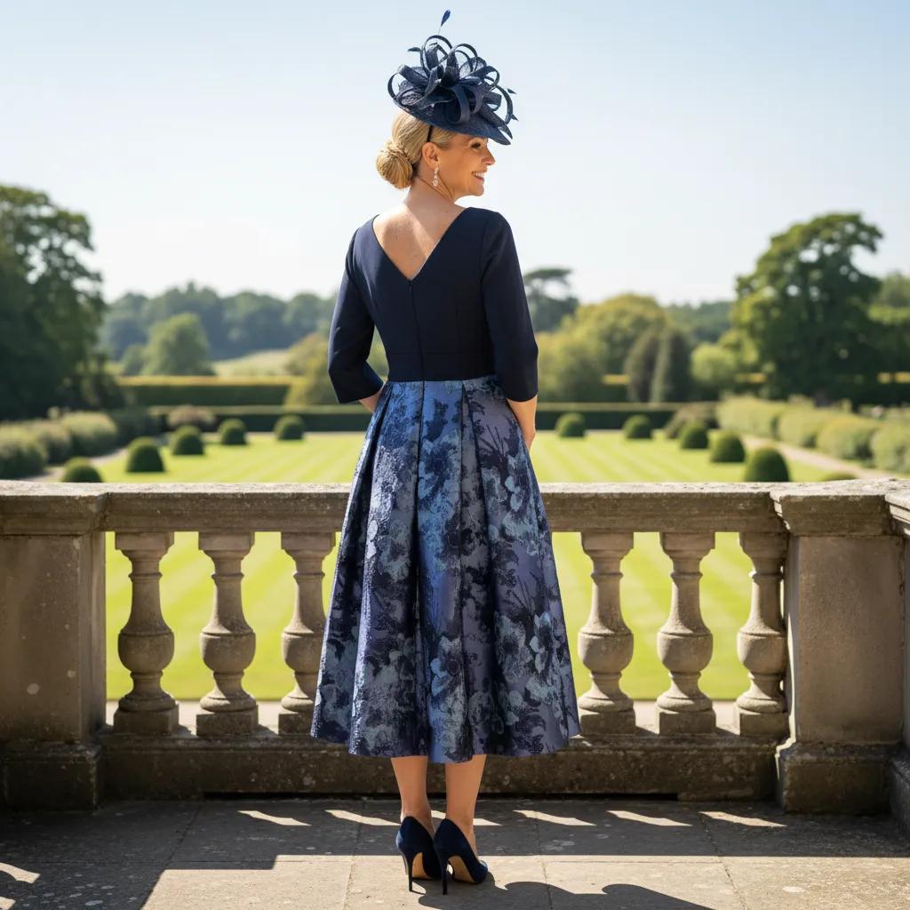 Woman in a navy blue mother of the bride dress with floral pattern standing in a garden setting
