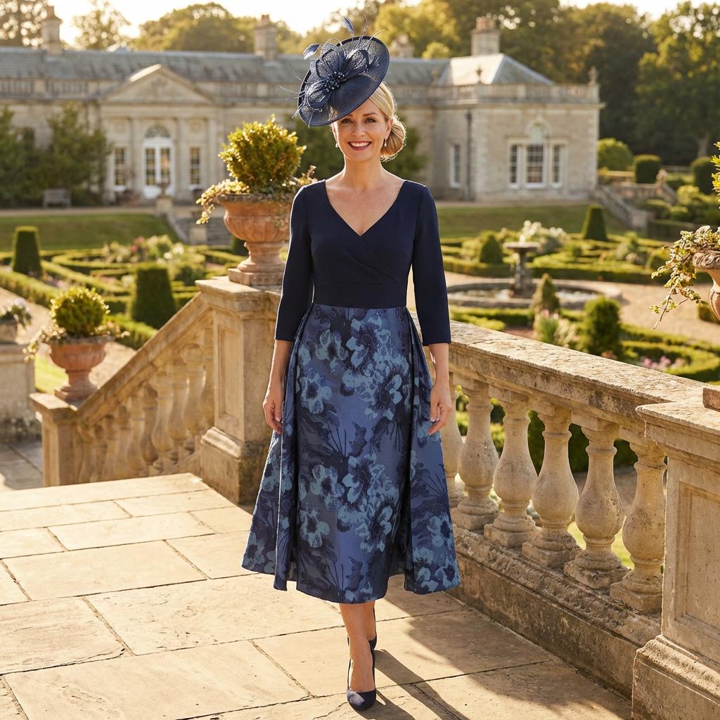 Woman in a navy blue mother of the bride dress standing on a stone balcony with a garden and building in the background